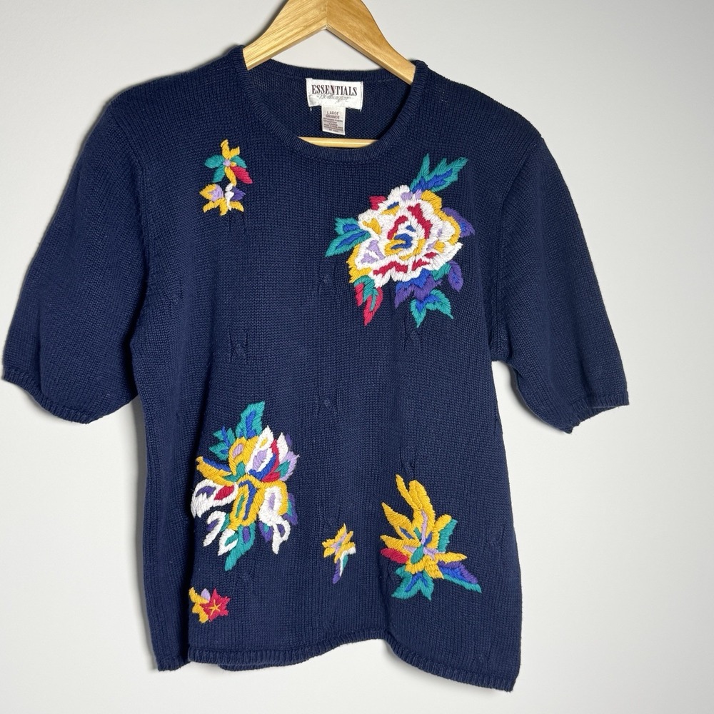 Vtg Embroidered Floral SS Summer Sweater Navy Ramie Cotton Top L Granny Cottage